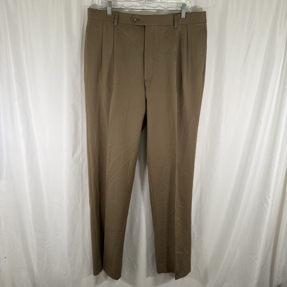 Jos A Bank 100% Wool Pants Men's 36R Brown Khaki Pleated Office Work Dry Clean